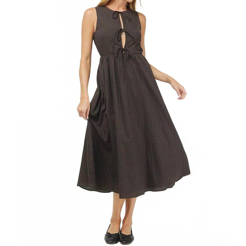 NEW NEEDII pearl gingham tie top tank midi dress in brown